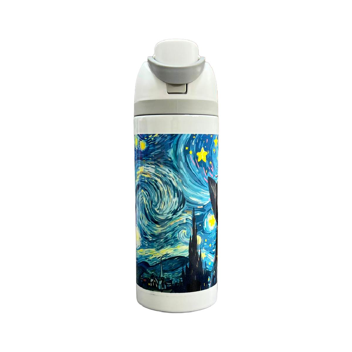 Termo Acero Inoxidable Gato Negro Noche Estrellada Blanco 720 ml