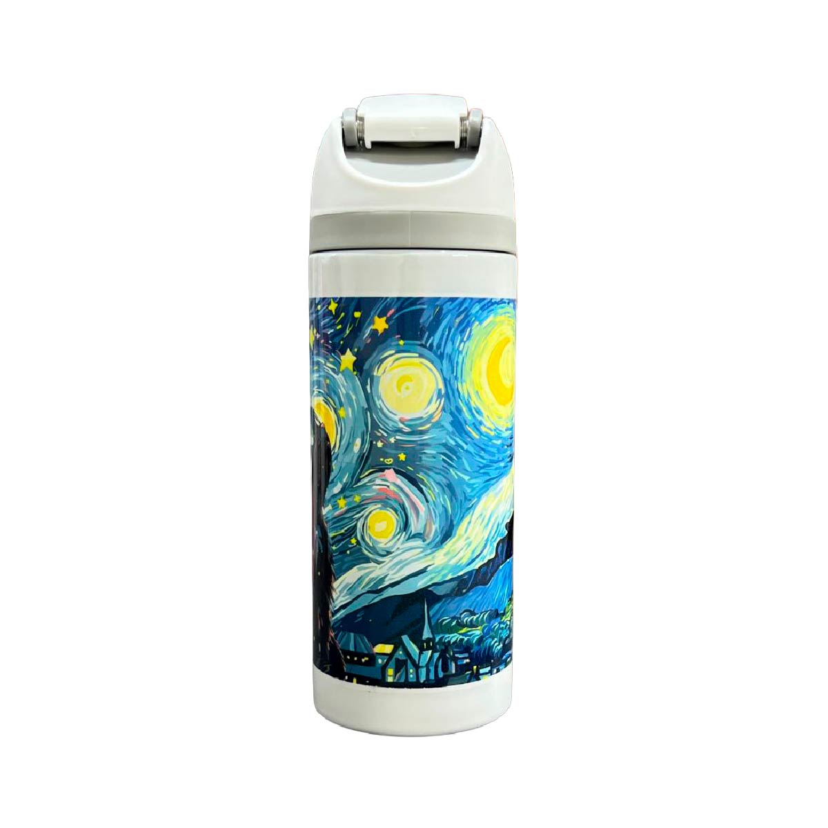 Termo Acero Inoxidable Gato Negro Noche Estrellada Blanco 720 ml