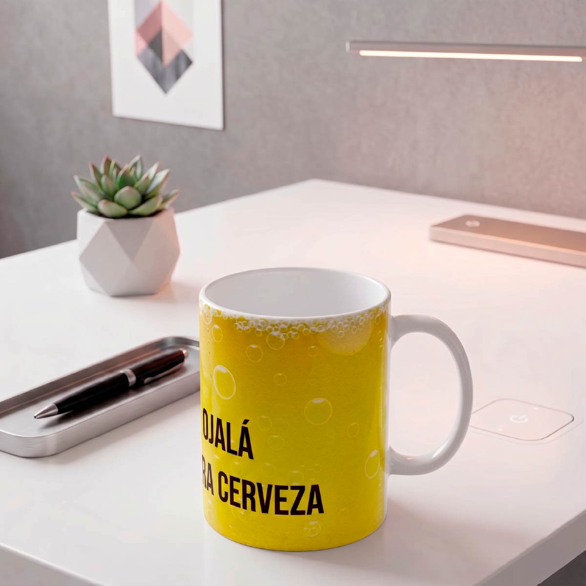 Set De 2 Tazas Ojalá Fuera Cerveza Blanco Con Amarillo