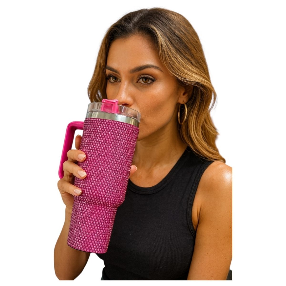 Termo Color Rosa Fucsia Brillante Con Cristales